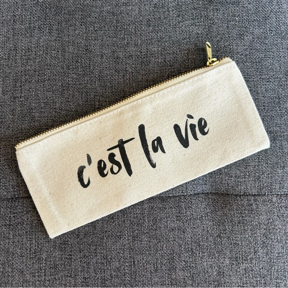 Canvas “c’est la vie” Pencil, Travel Mini Pouch, Cream, Black